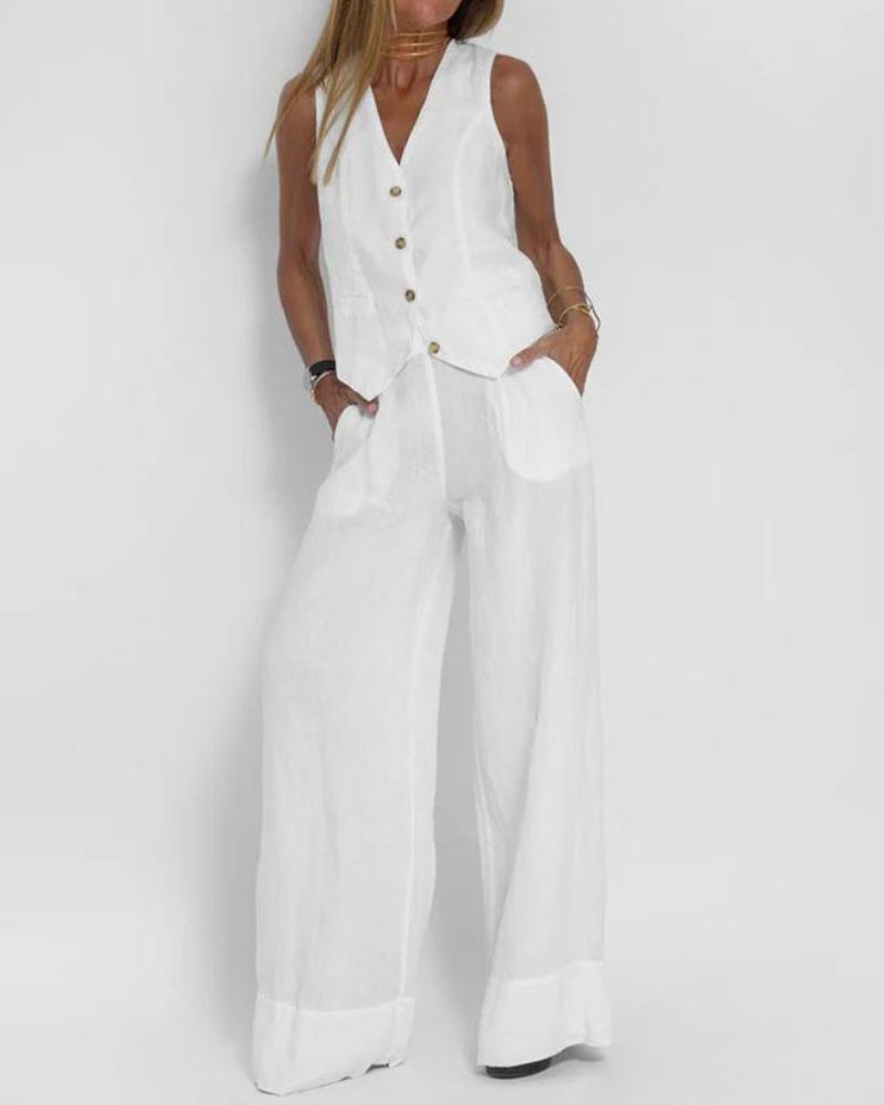 Melia™ | Chic Mouwloos Set en Broek Met Wijde Pijpen