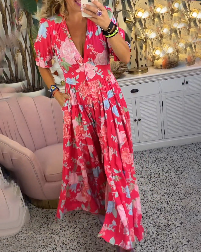 Catrisa™ | Bloemenpatroon maxi jurk met zakken