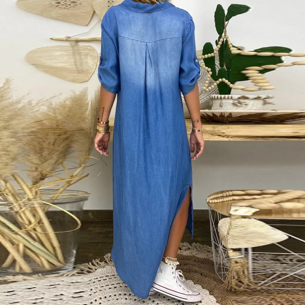 Noor™ | Lange denim jurk met zijsplitten