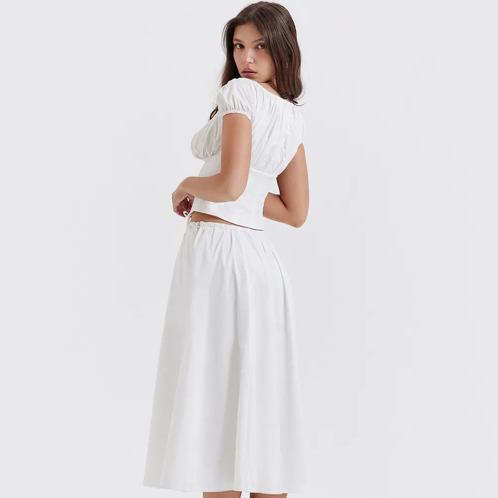 Tania - Vierkante Hals Gewaad Top & Rok Set met Pofmouwen