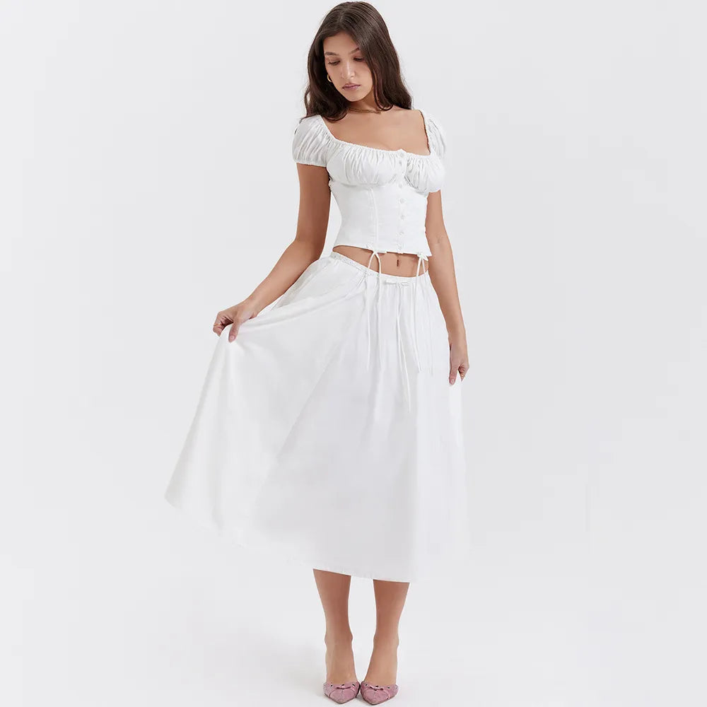 Tania - Vierkante Hals Gewaad Top & Rok Set met Pofmouwen