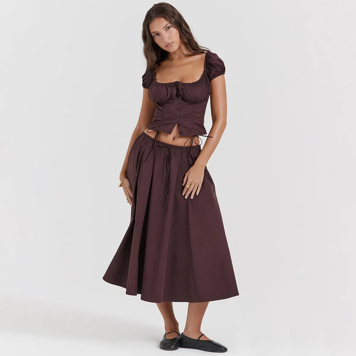 Tania - Vierkante Hals Gewaad Top & Rok Set met Pofmouwen