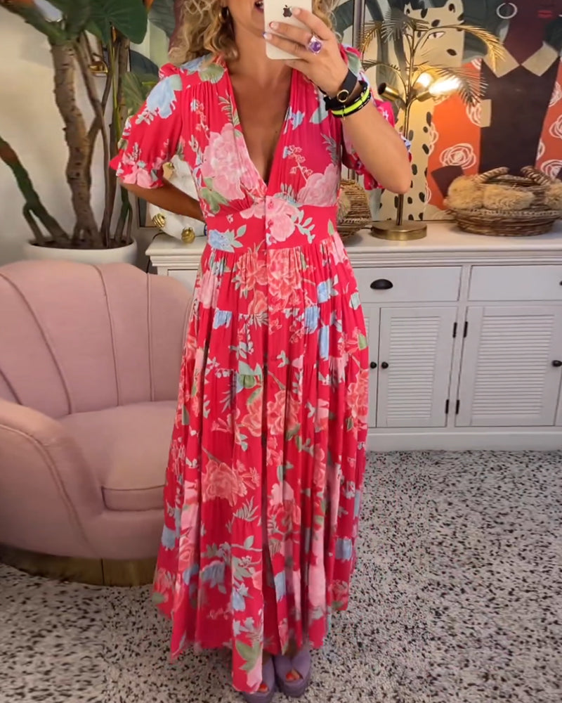 Catrisa™ | Bloemenpatroon maxi jurk met zakken
