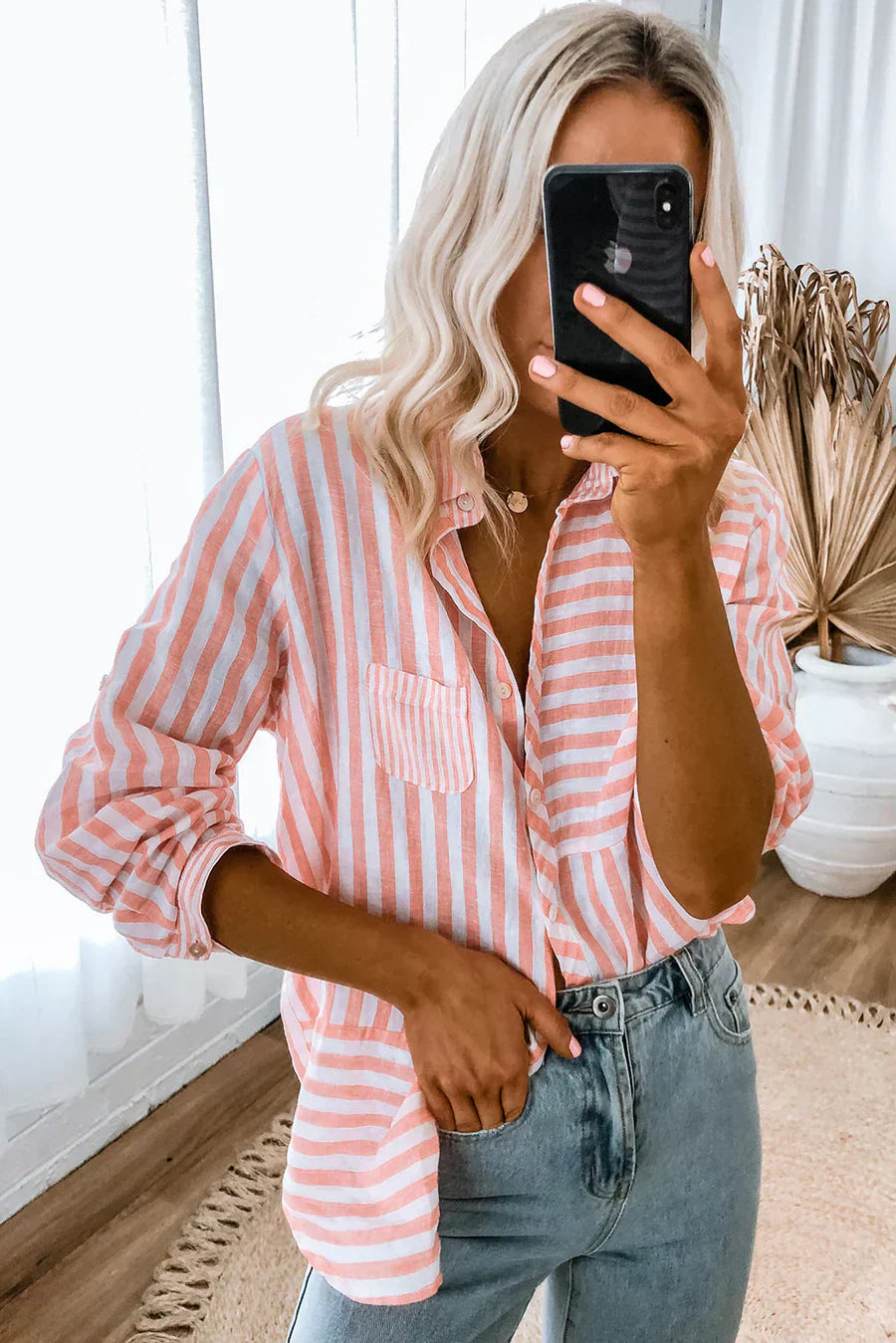 Nina shirt lange mouwen dames - roze strepen en klassiek