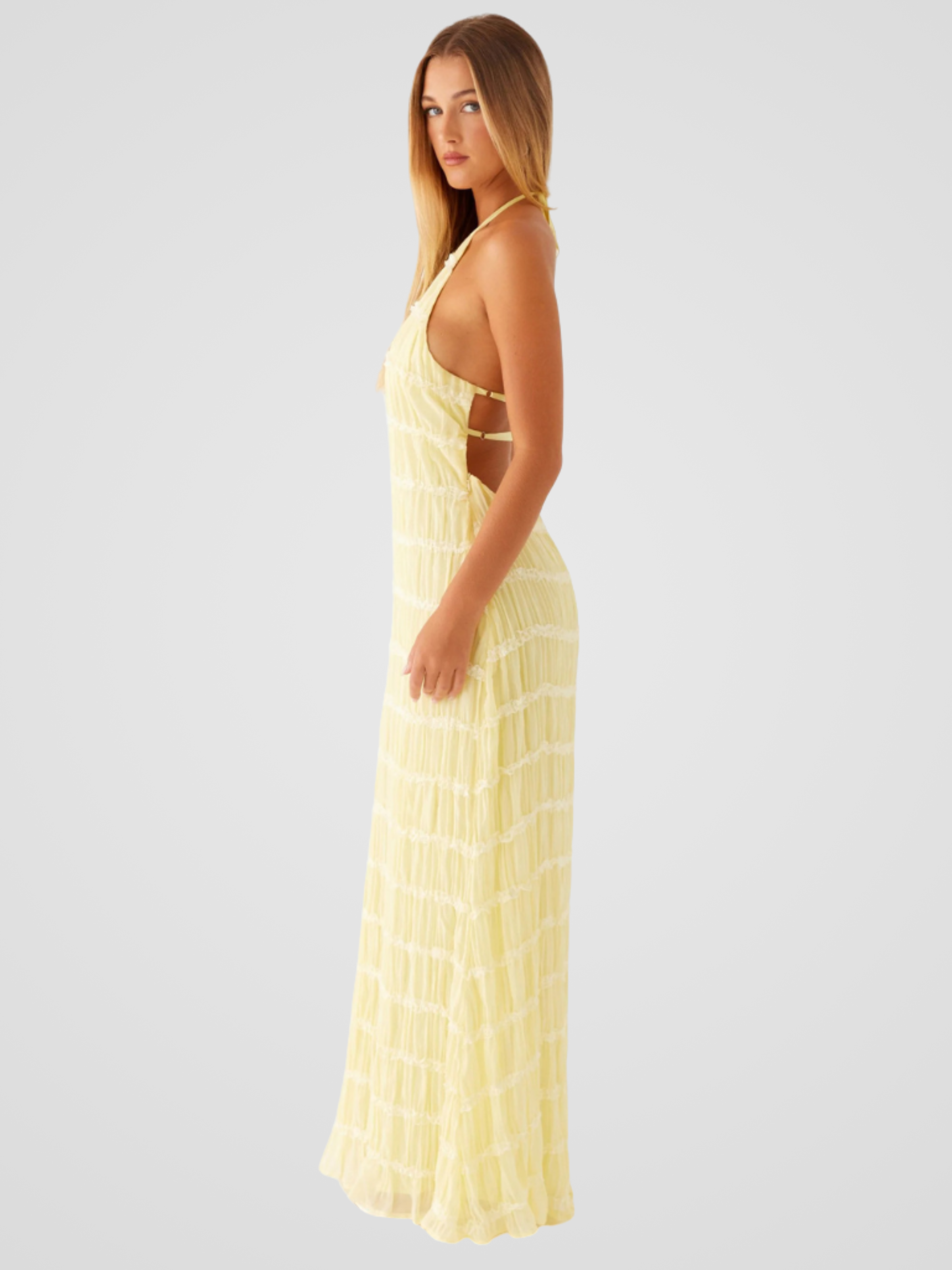 Alizée™ | Geplooide halterjurk met luchtige textuur en elegante flow
