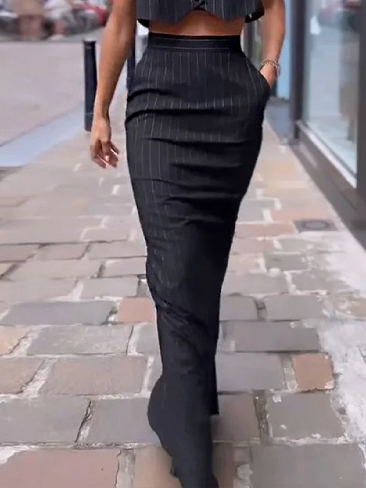 Gilda - Pinstripe Knoop Crop Tweedelige Rok Set