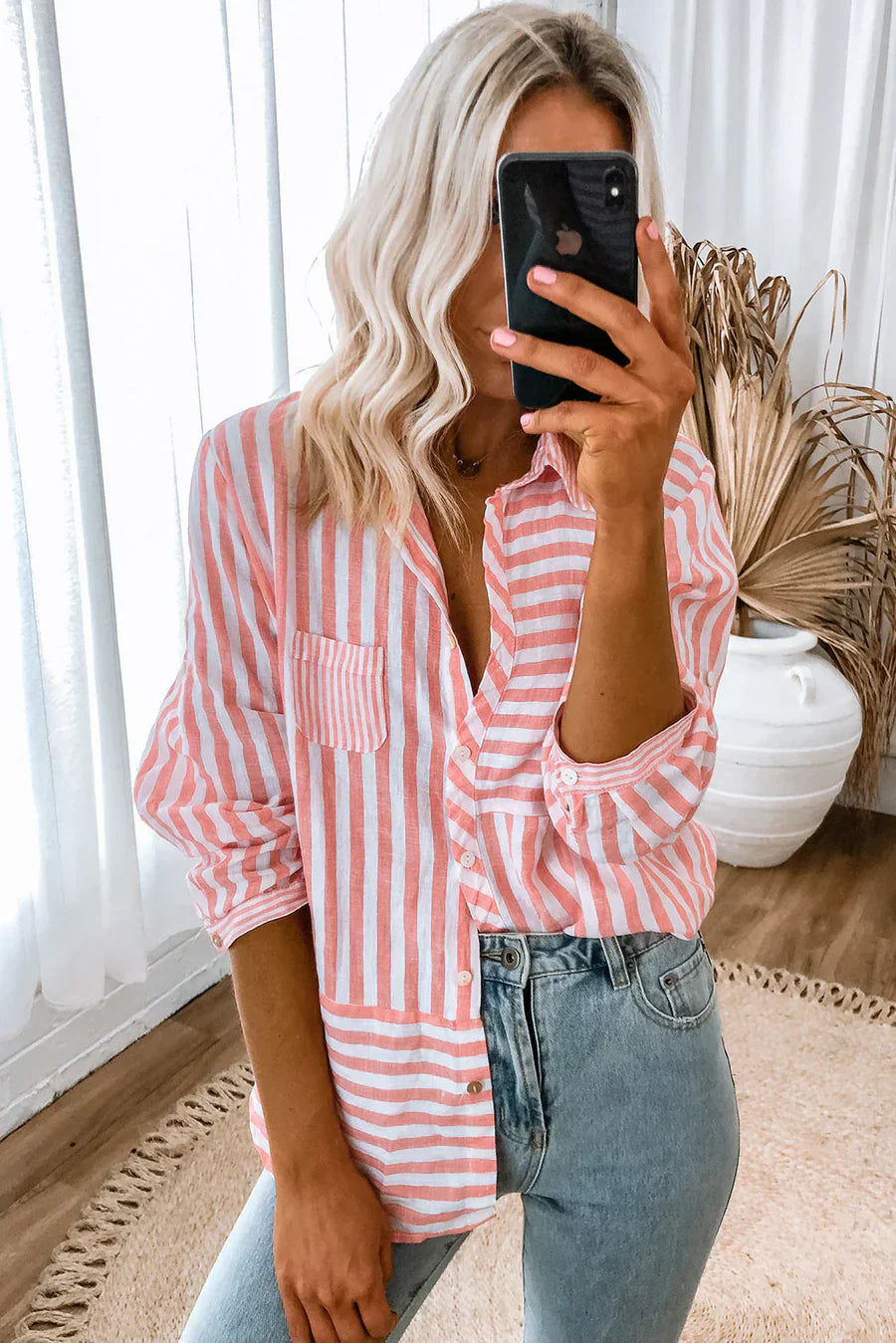 Nina shirt lange mouwen dames - roze strepen en klassiek