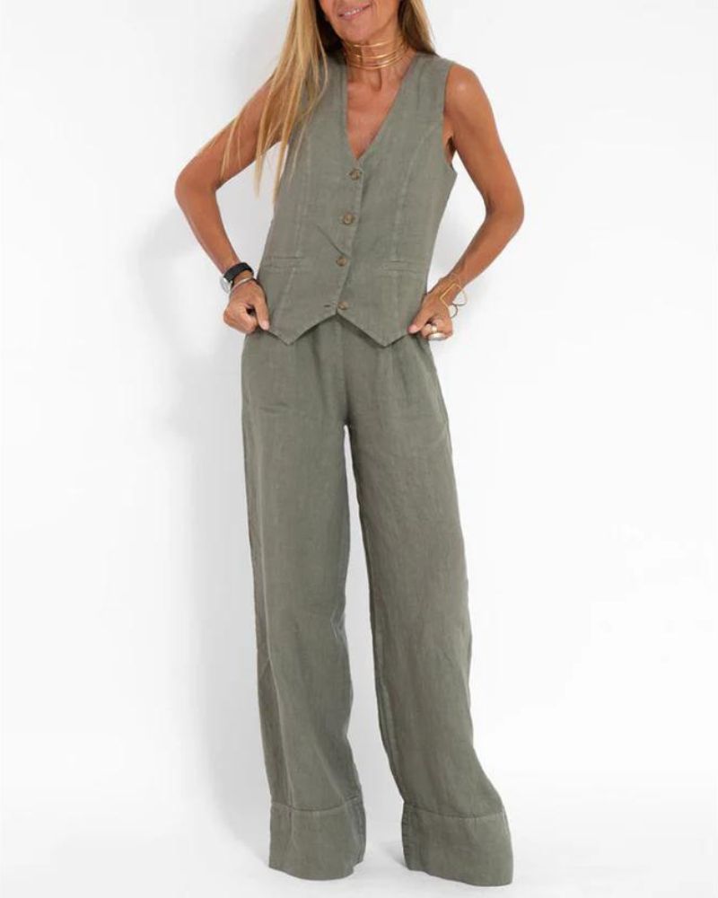 Melia™ | Chic Mouwloos Set en Broek Met Wijde Pijpen