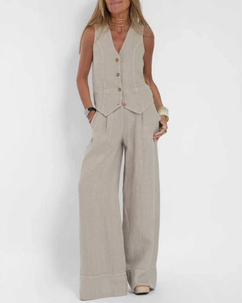 Melia™ | Chic Mouwloos Set en Broek Met Wijde Pijpen