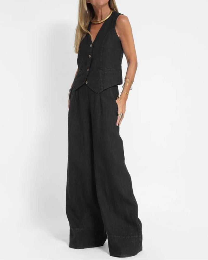Melia™ | Chic Mouwloos Set en Broek Met Wijde Pijpen