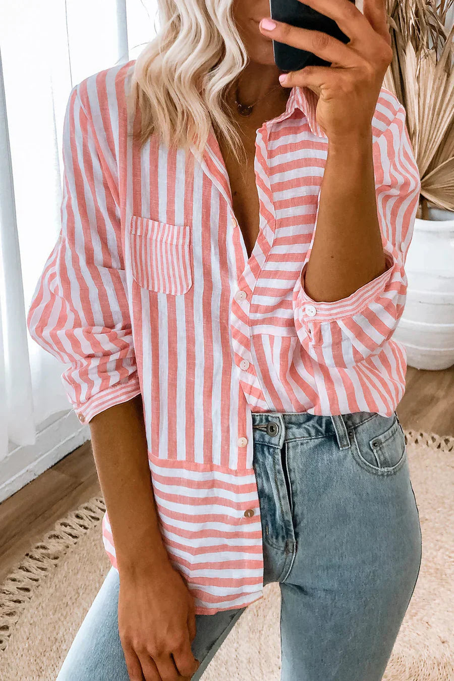 Nina shirt lange mouwen dames - roze strepen en klassiek