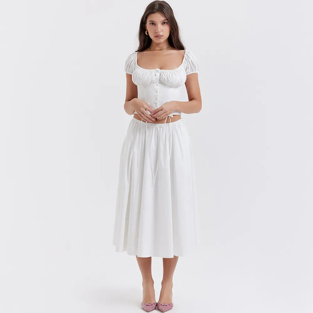 Tania - Vierkante Hals Gewaad Top & Rok Set met Pofmouwen