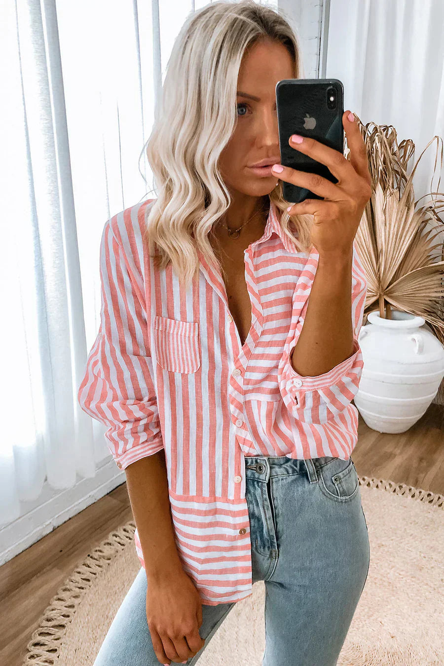 Nina shirt lange mouwen dames - roze strepen en klassiek