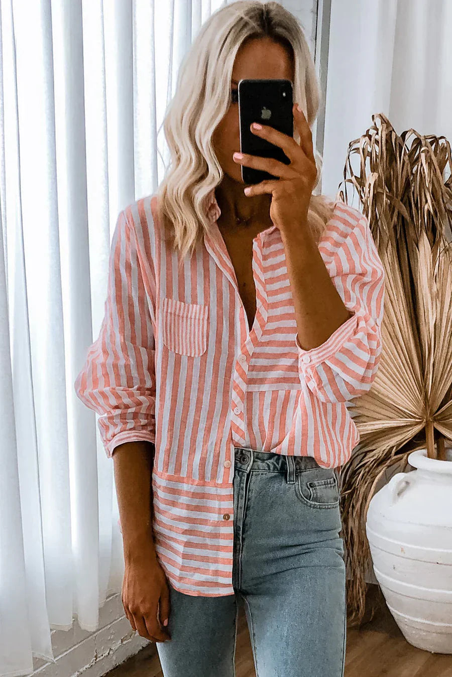 Nina shirt lange mouwen dames - roze strepen en klassiek