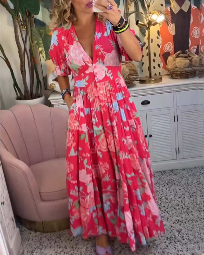 Catrisa™ | Bloemenpatroon maxi jurk met zakken