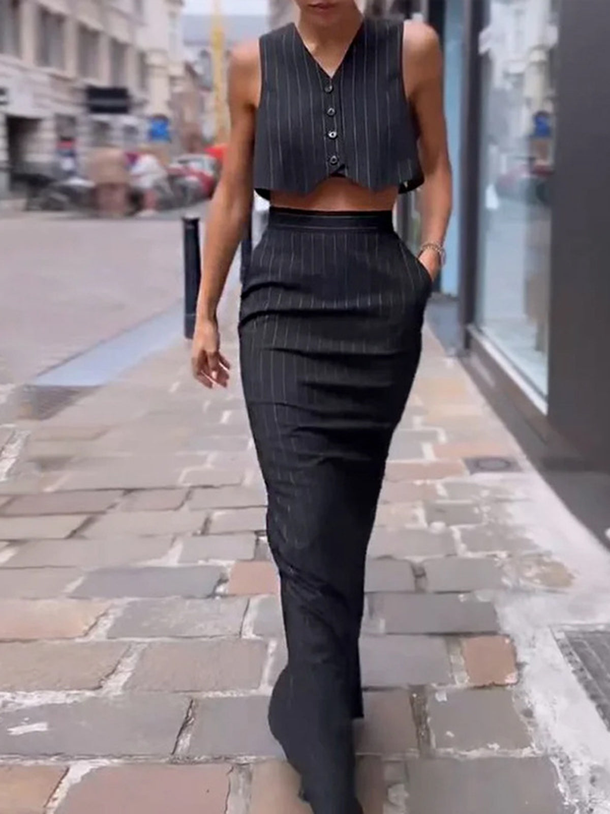 Gilda - Pinstripe Knoop Crop Tweedelige Rok Set