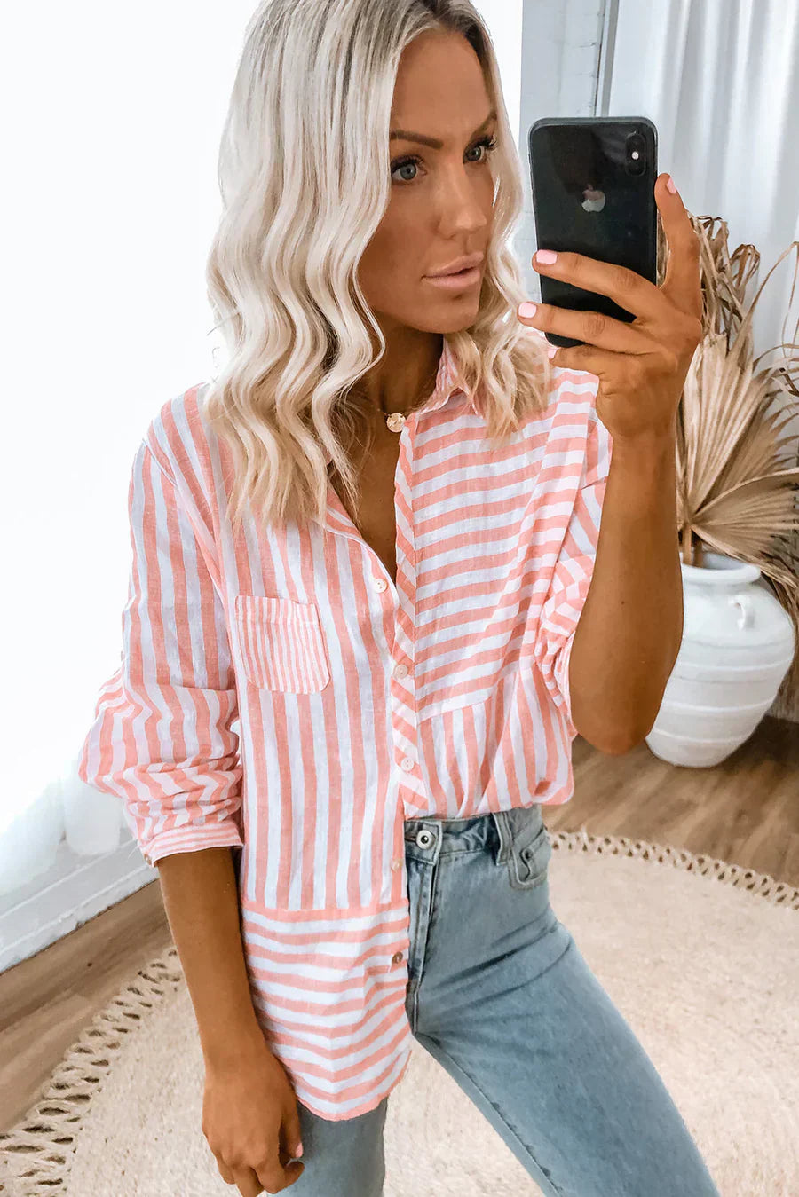 Nina shirt lange mouwen dames - roze strepen en klassiek