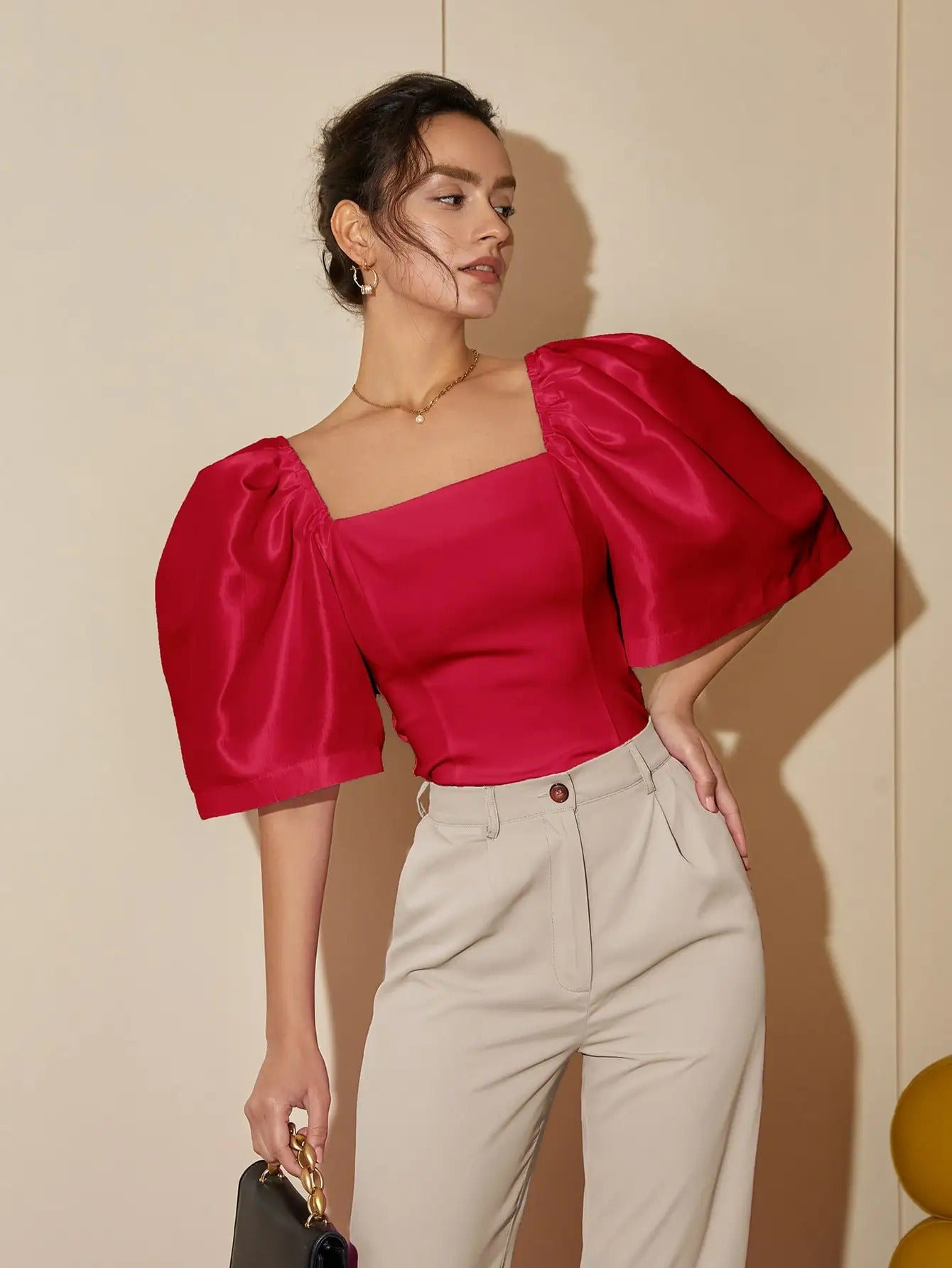 Johanna - Retro Top met Vierkante Kraag en Lantaarnmouwen